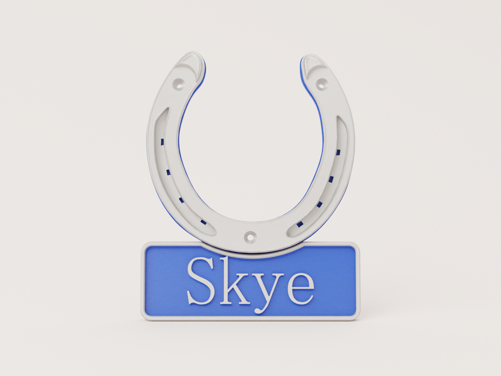 Personalised horseshoe name plate in blue and silver - Skye example