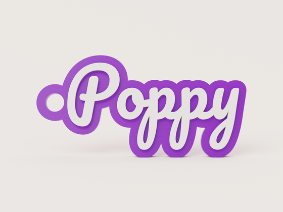 Personalised name keychain 3D printed in purple and white - Poppy example