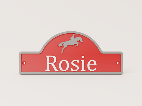 Large personalised motif stable door sign in red with showjumper - Rosie example