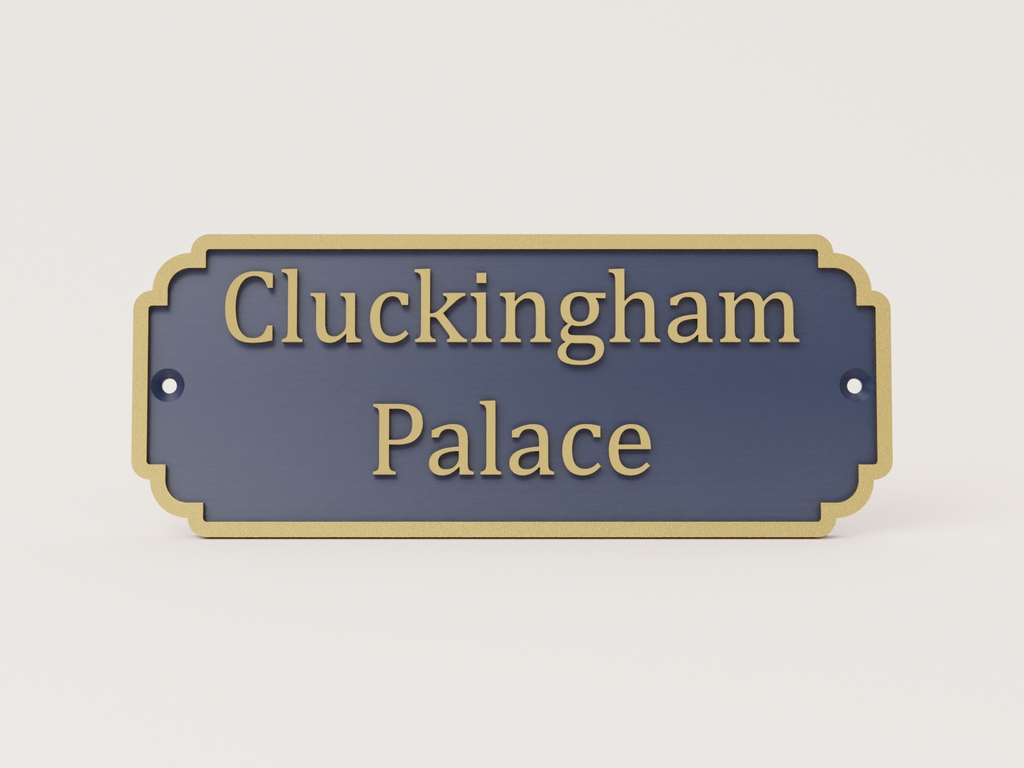Cluckingham Palace chicken coop sign in matt navy and bronze