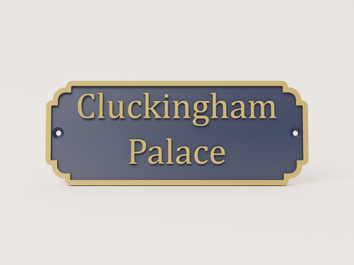Cluckingham Palace chicken coop sign in matt navy and bronze