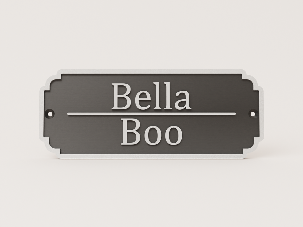 Personalised classic stable door sign in black and silver with centre divider - Bella and Boo example