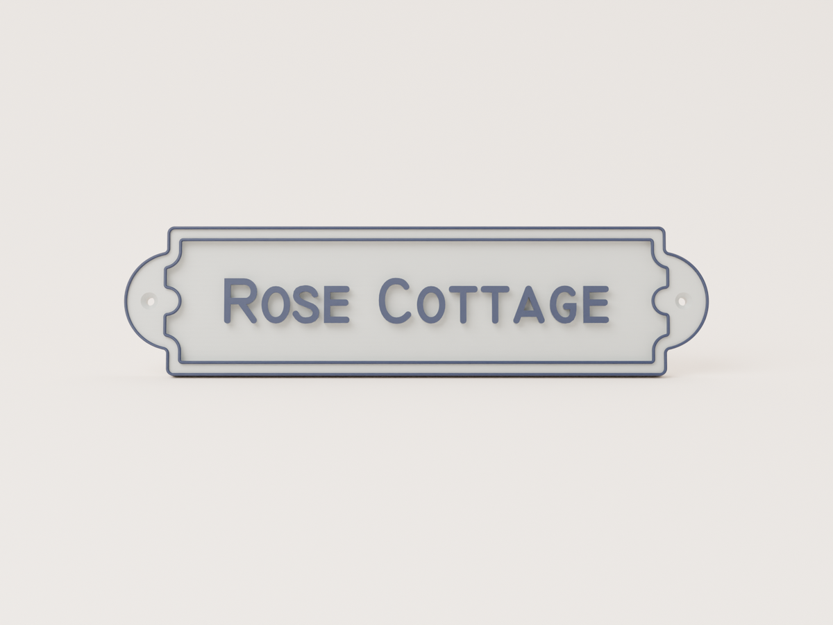 Personalised cottage door sign with banner border - Rose Cottage example in soft grey and navy