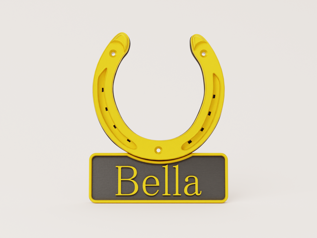 Personalised horseshoe name plate in black and gold - Bella example