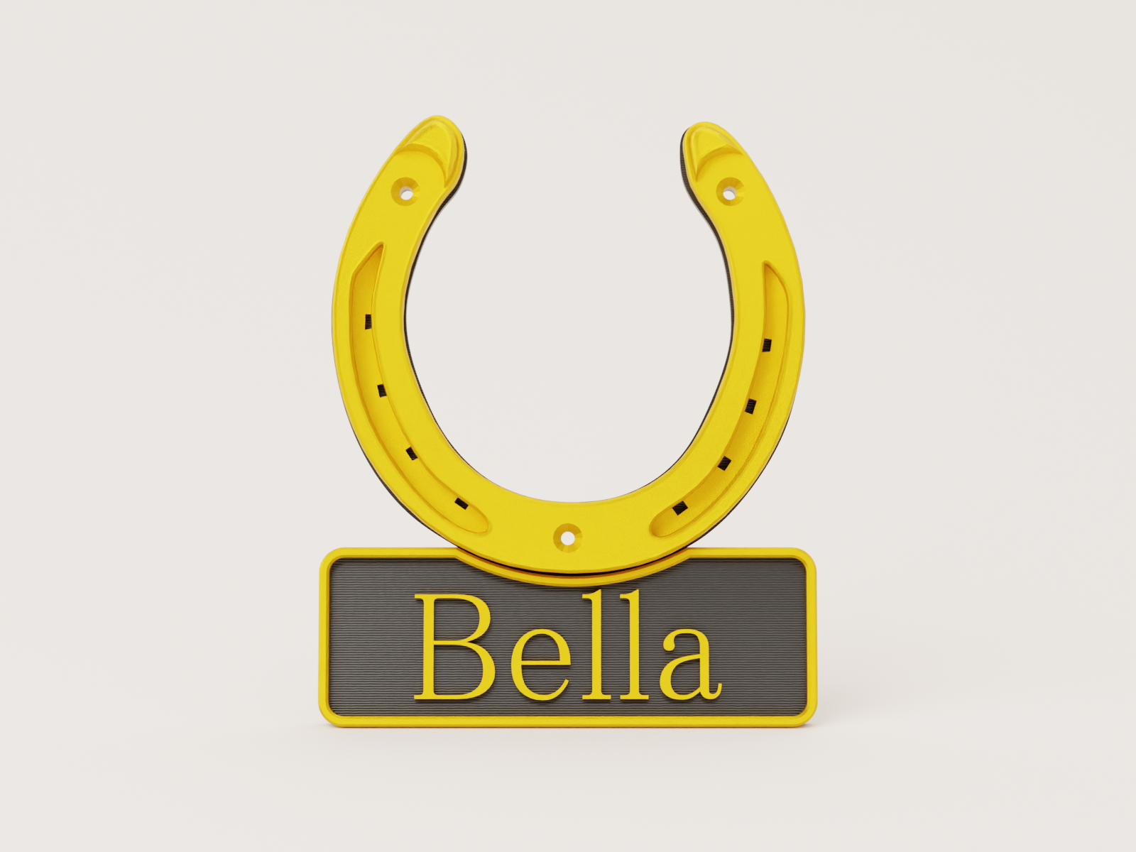 Personalised horseshoe name plate in black and gold - Bella example