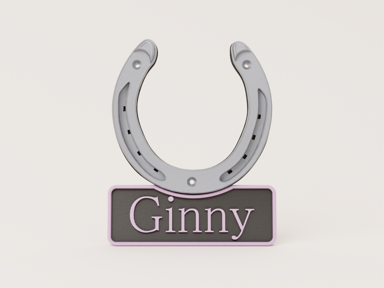 Tri-colour horseshoe stable door name plate - Ginny example with silver horseshoe