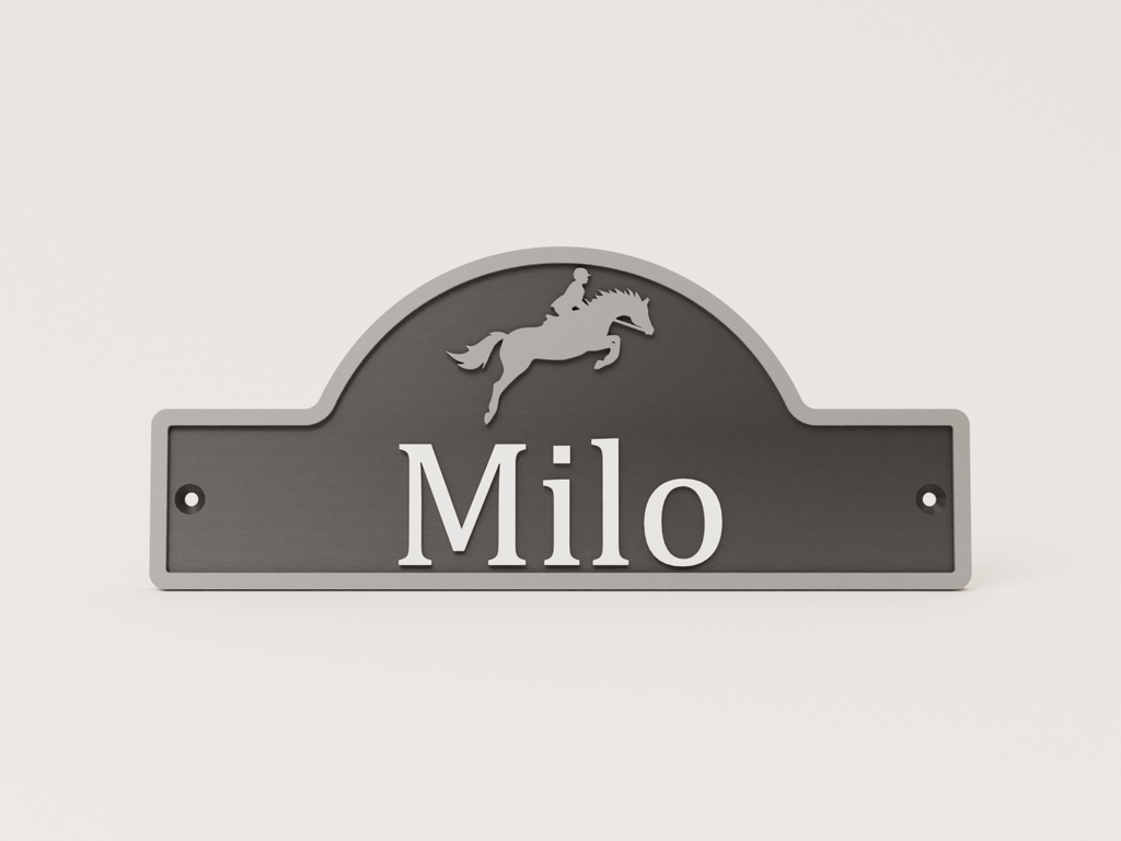 Large personalised motif stable door sign with showjumper - Milo example