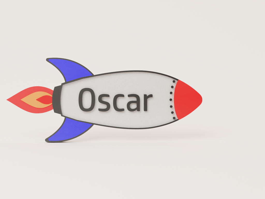Personalised rocket bedroom door sign - Oscar example with flame and glitter wings