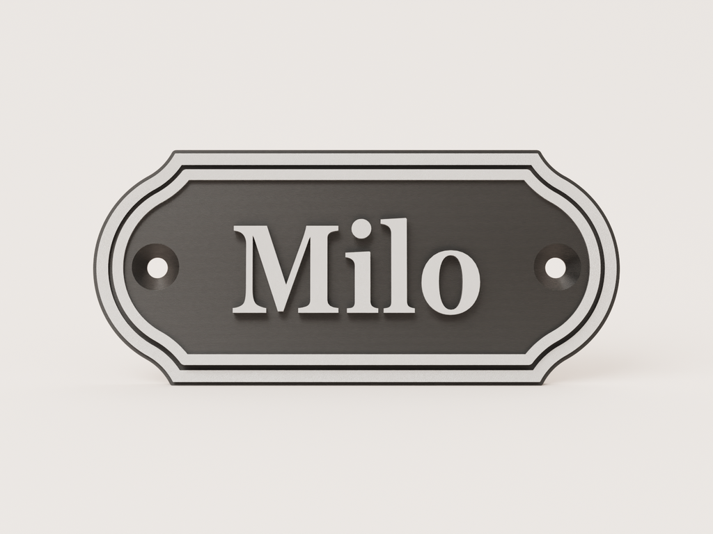 Traditional stepped stable door name plate in black and silver - Milo example