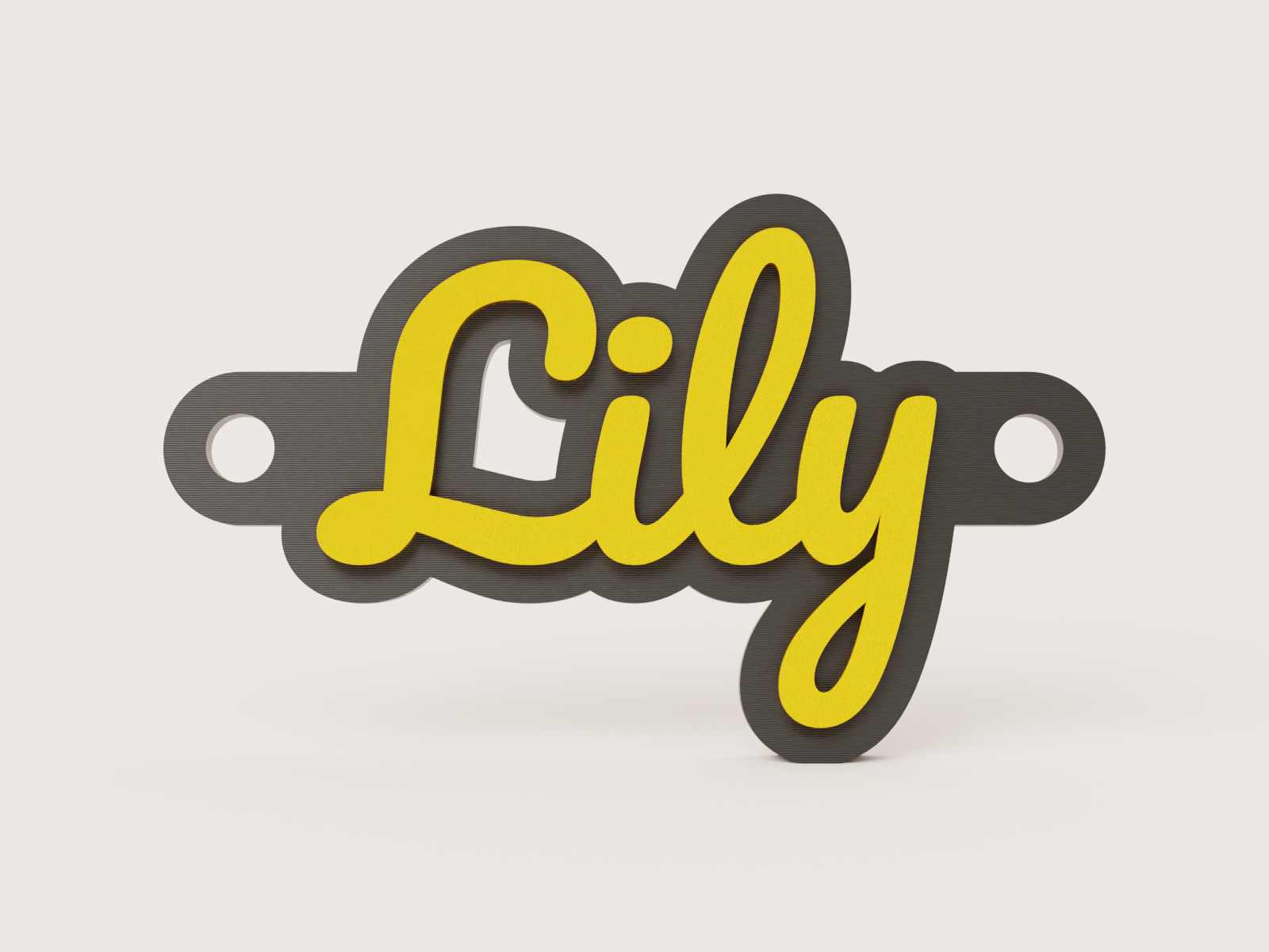 Personalised threadable name tag in yellow script - Lily example