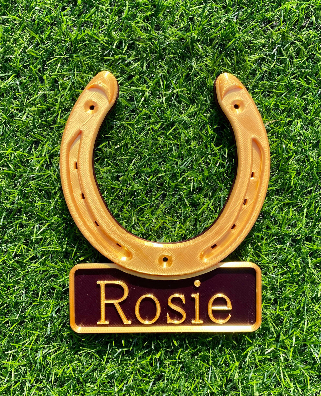 Copper horseshoe name plate on burgundy, name Rosie
