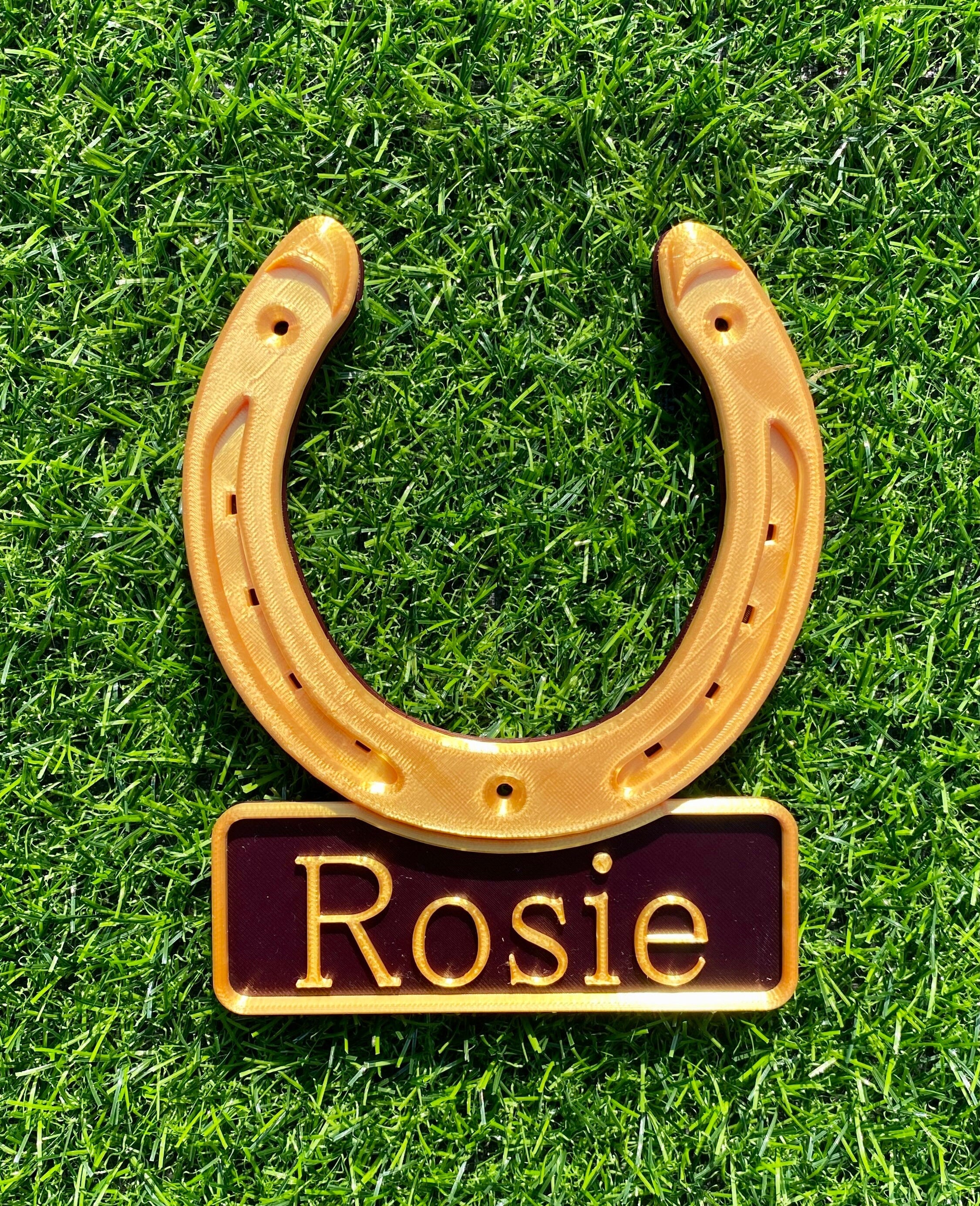 Copper horseshoe name plate on burgundy, name Rosie
