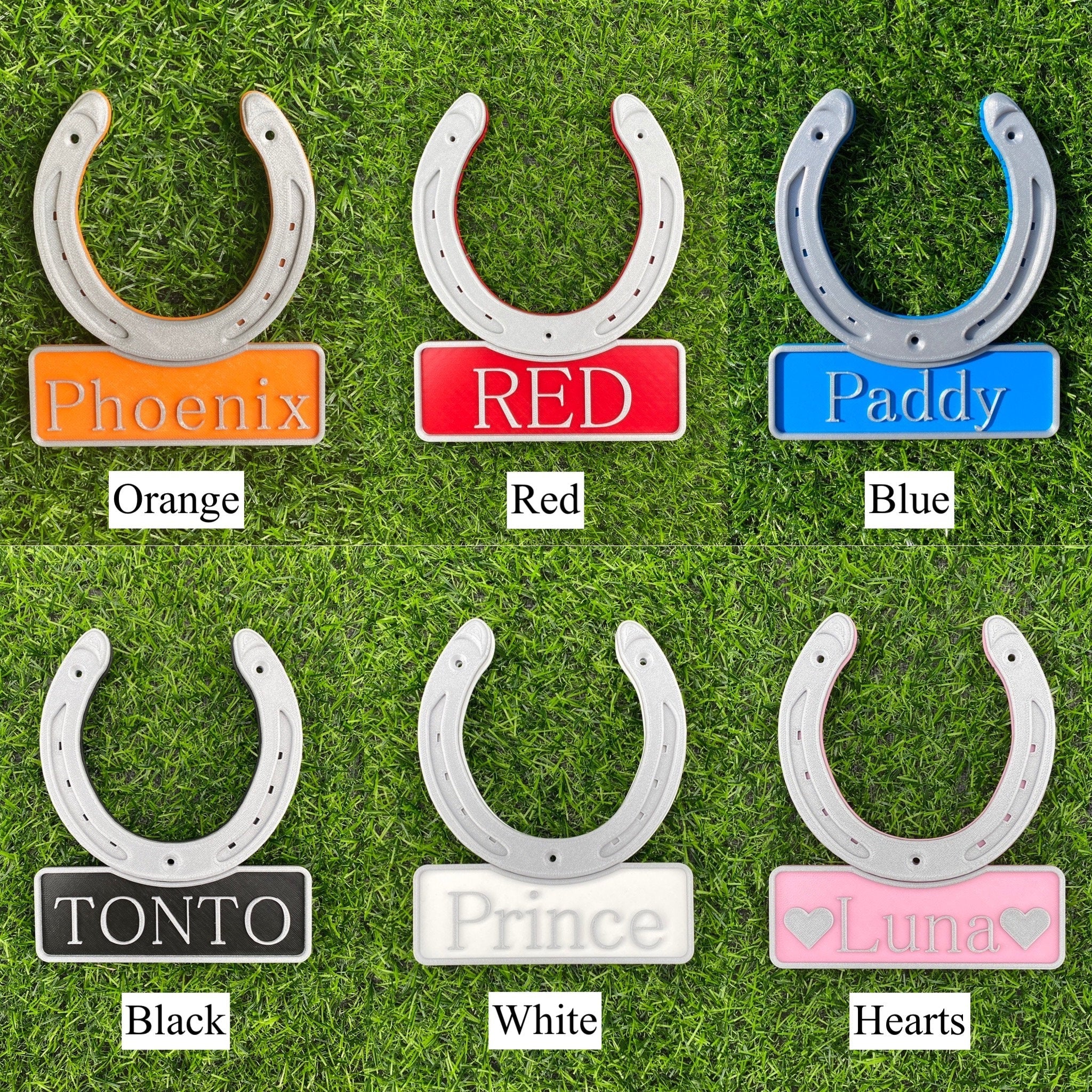 Six horseshoe name plate colourways: orange, red, blue, black and white, plus a heart motif option
