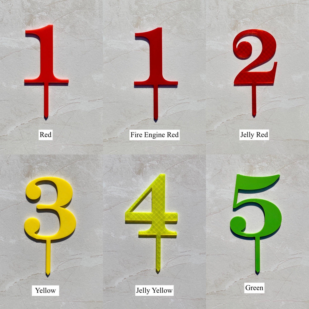 Cake topper numbers in red, fire engine red, jelly red, yellow, jelly yellow and green