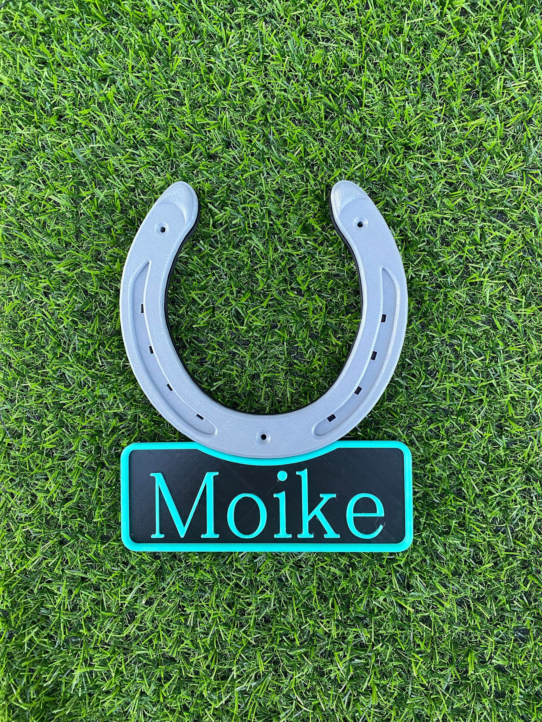 Tri colour horseshoe name plate with cyan lettering, name Moike