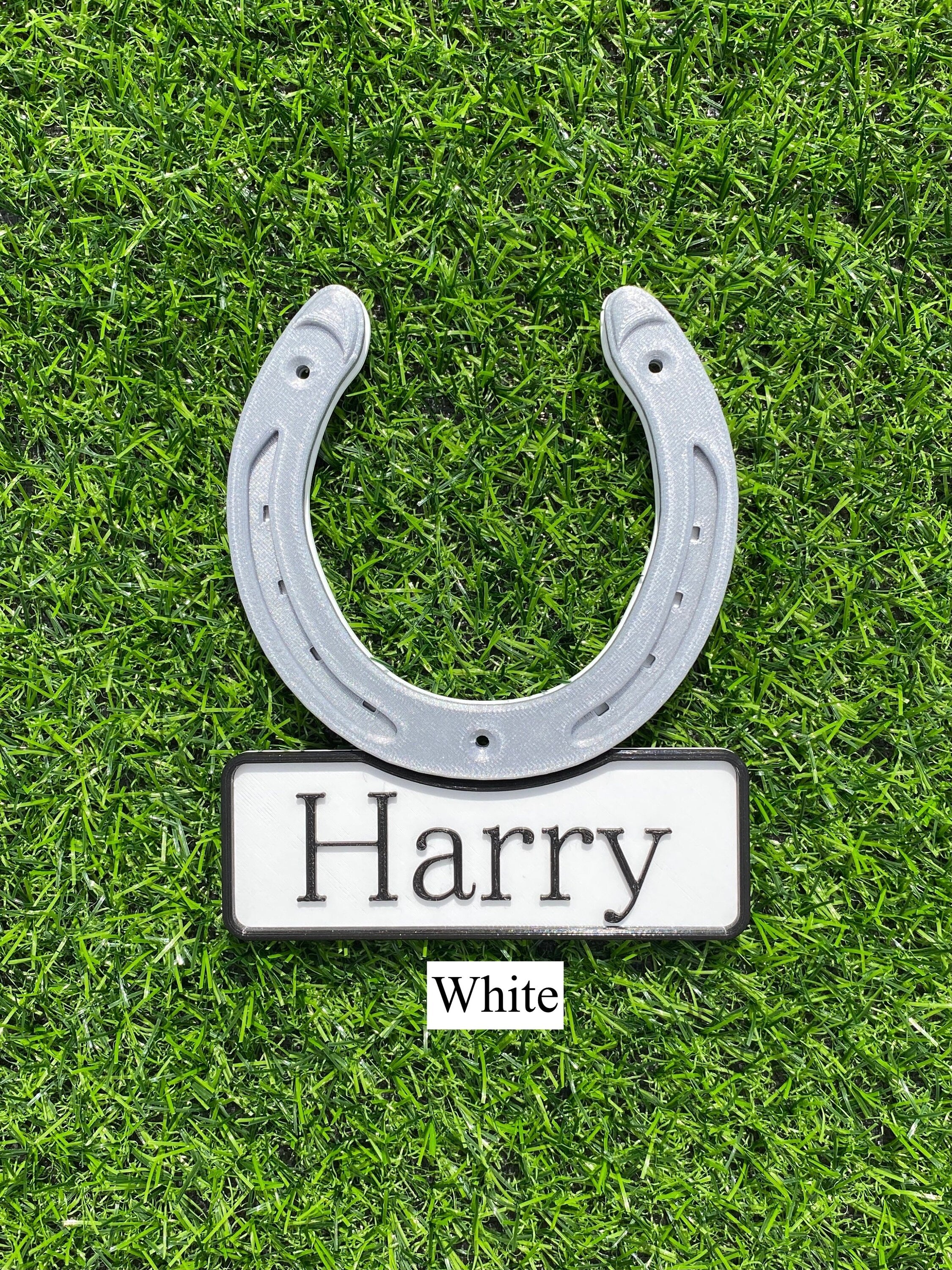 Tri colour horseshoe name plate with white lettering, name Harry