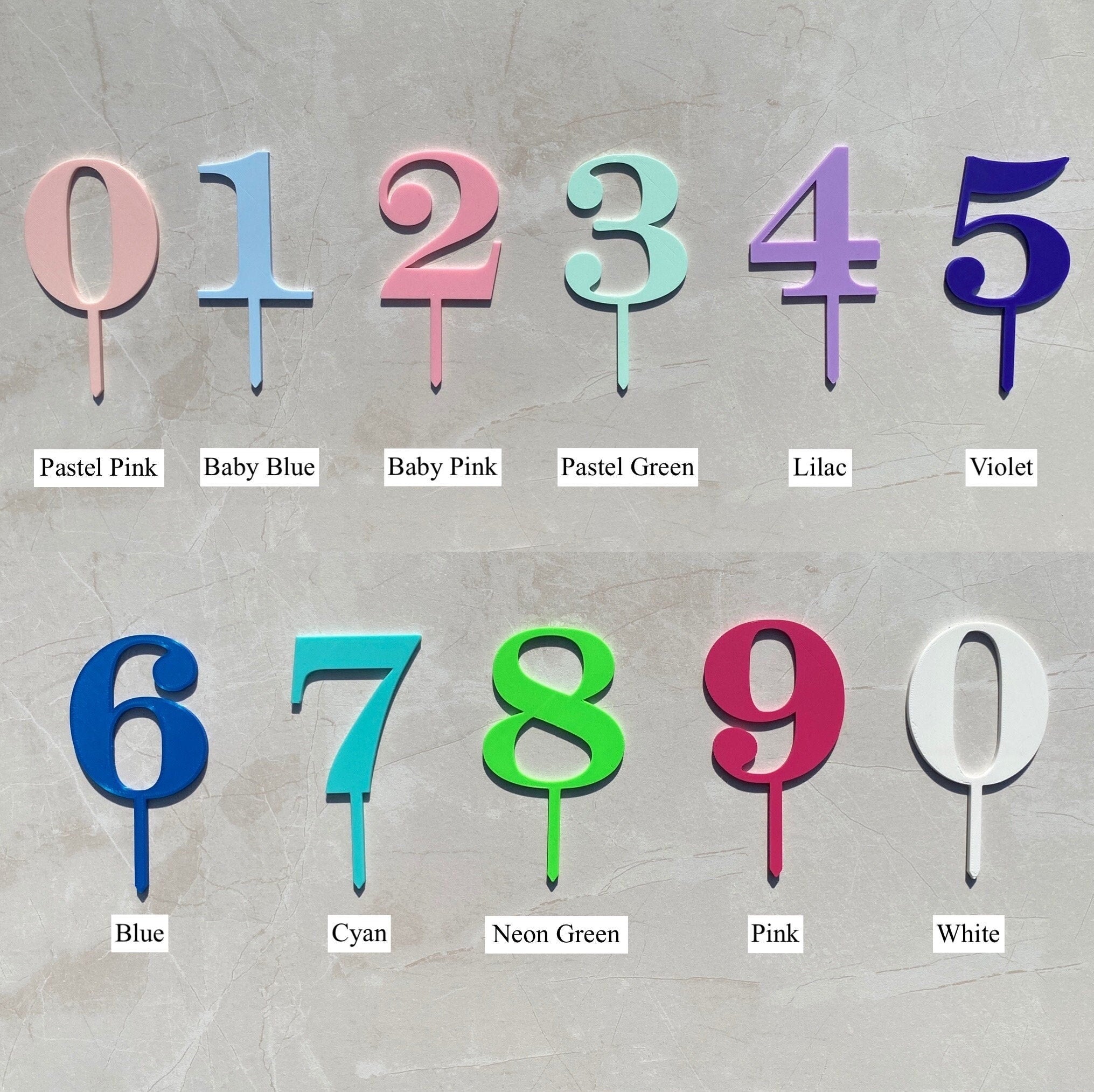 Cake topper numbers 0 to 9 in pastel and bright colours