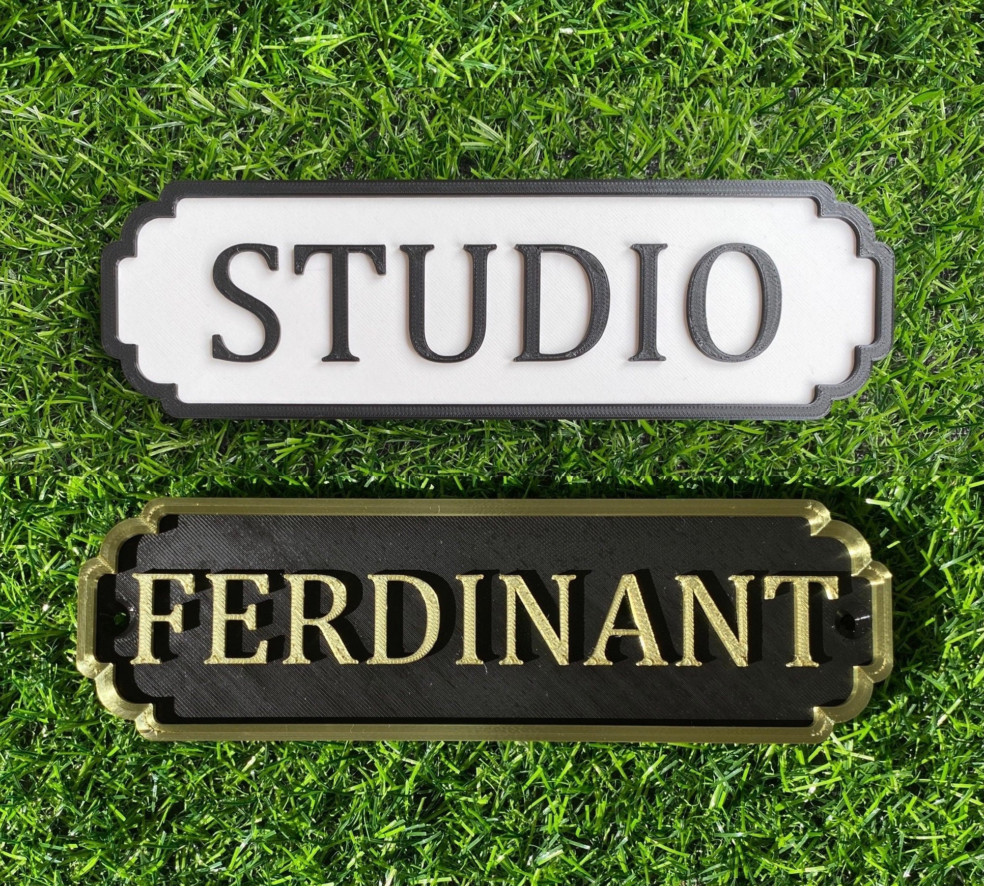 Personalised classic door signs reading Studio and Ferdinant