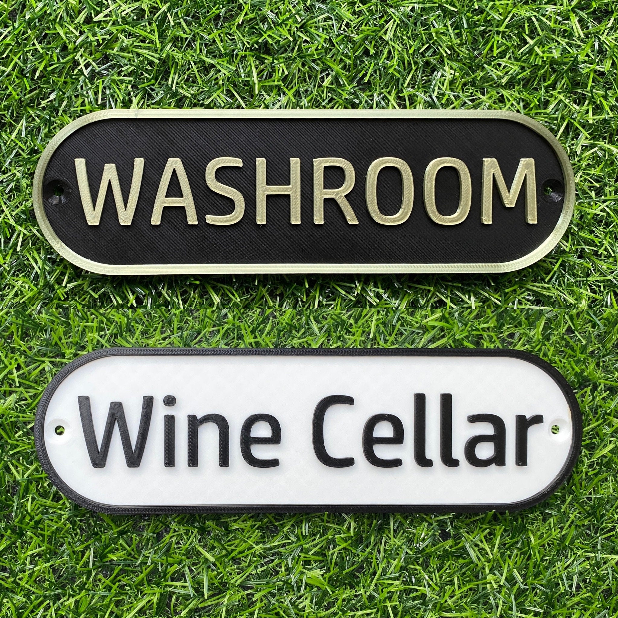 Black and gold Washroom sign with white Wine Cellar retro door sign