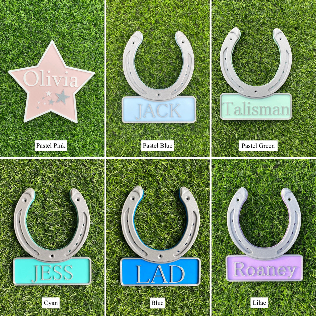 Pastel colour examples including a pastel pink star sign and horseshoe signs in pastel blue, pastel green, cyan, blue and lilac