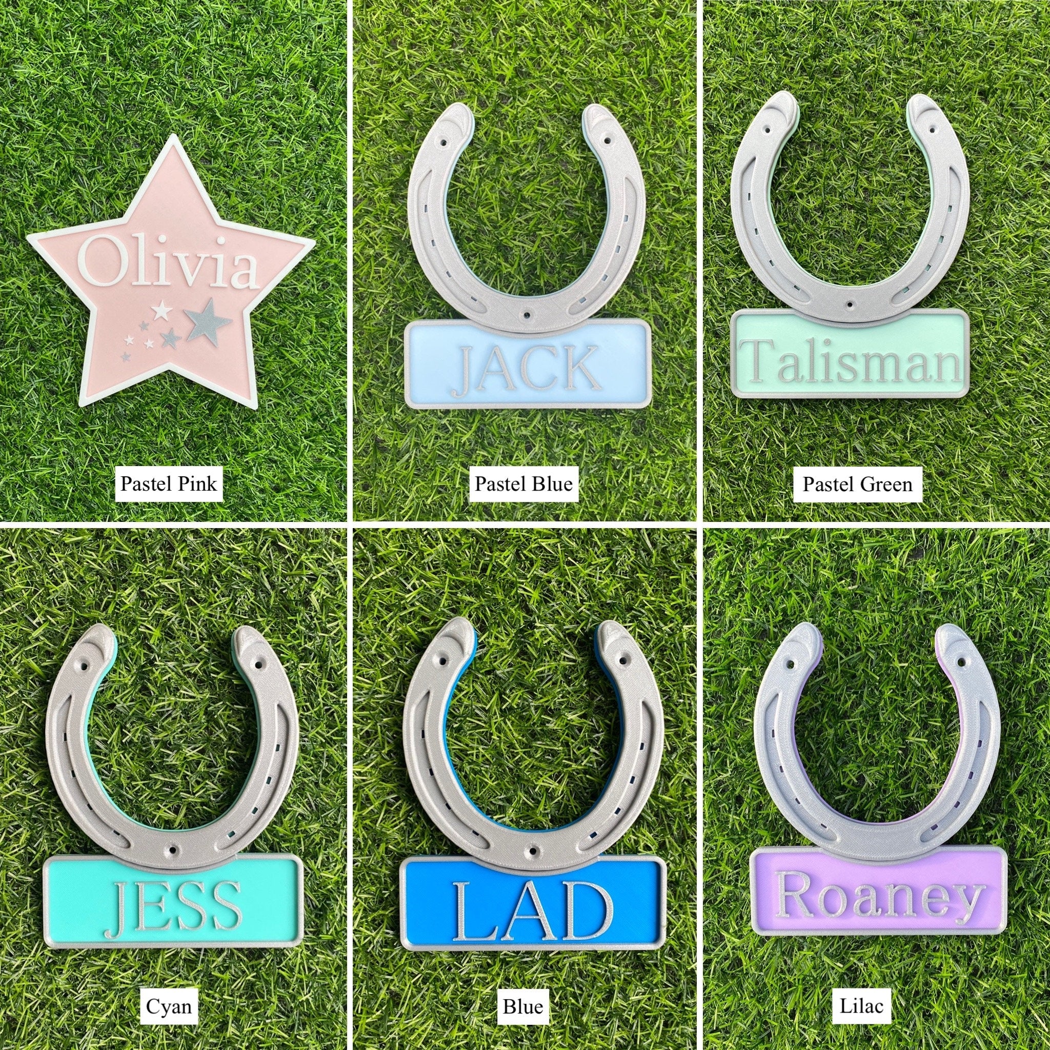 Pastel colour examples including a pastel pink star sign and horseshoe signs in pastel blue, pastel green, cyan, blue and lilac