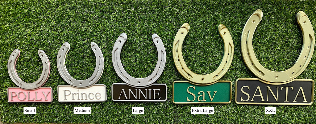 All five sizes of the horseshoe name plate side by side, from Small to XXL