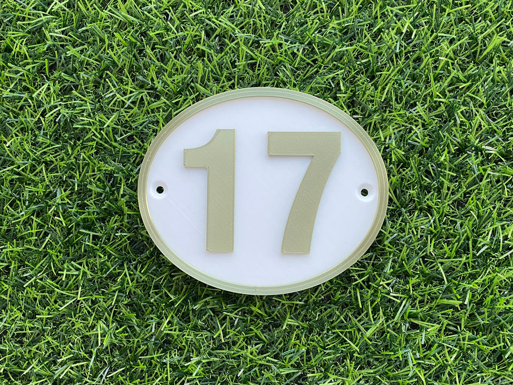 White and gold oval house door number 17