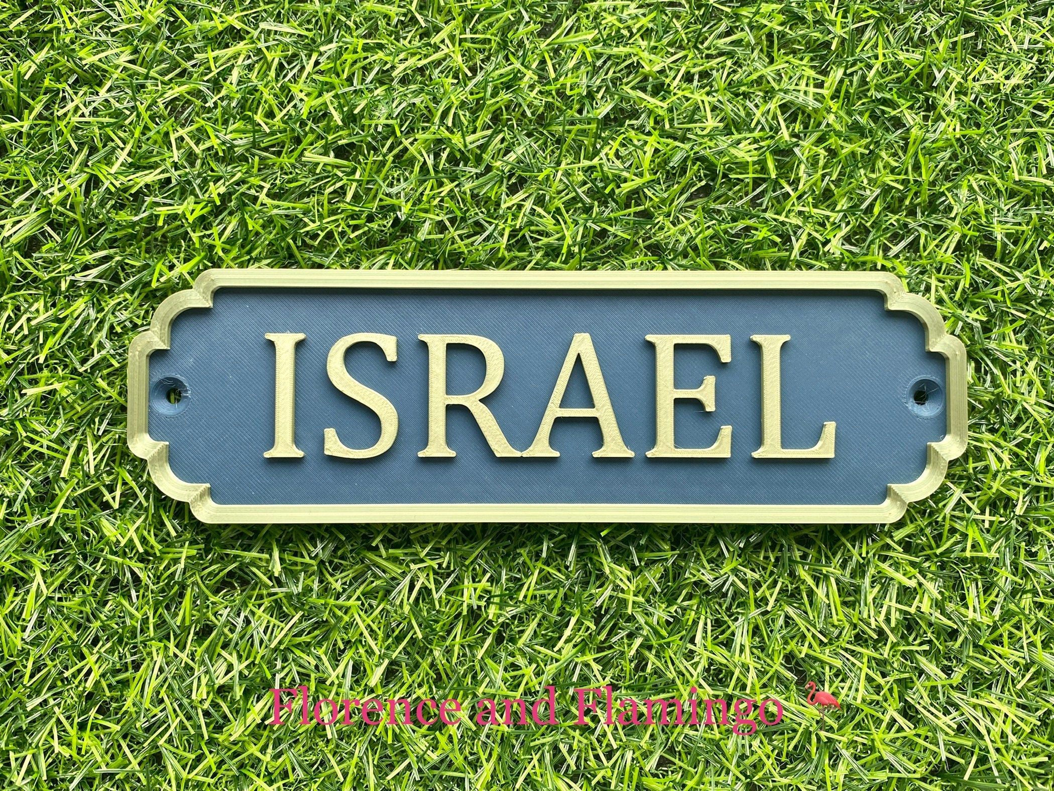 Airforce blue and gold classic door sign reading Israel