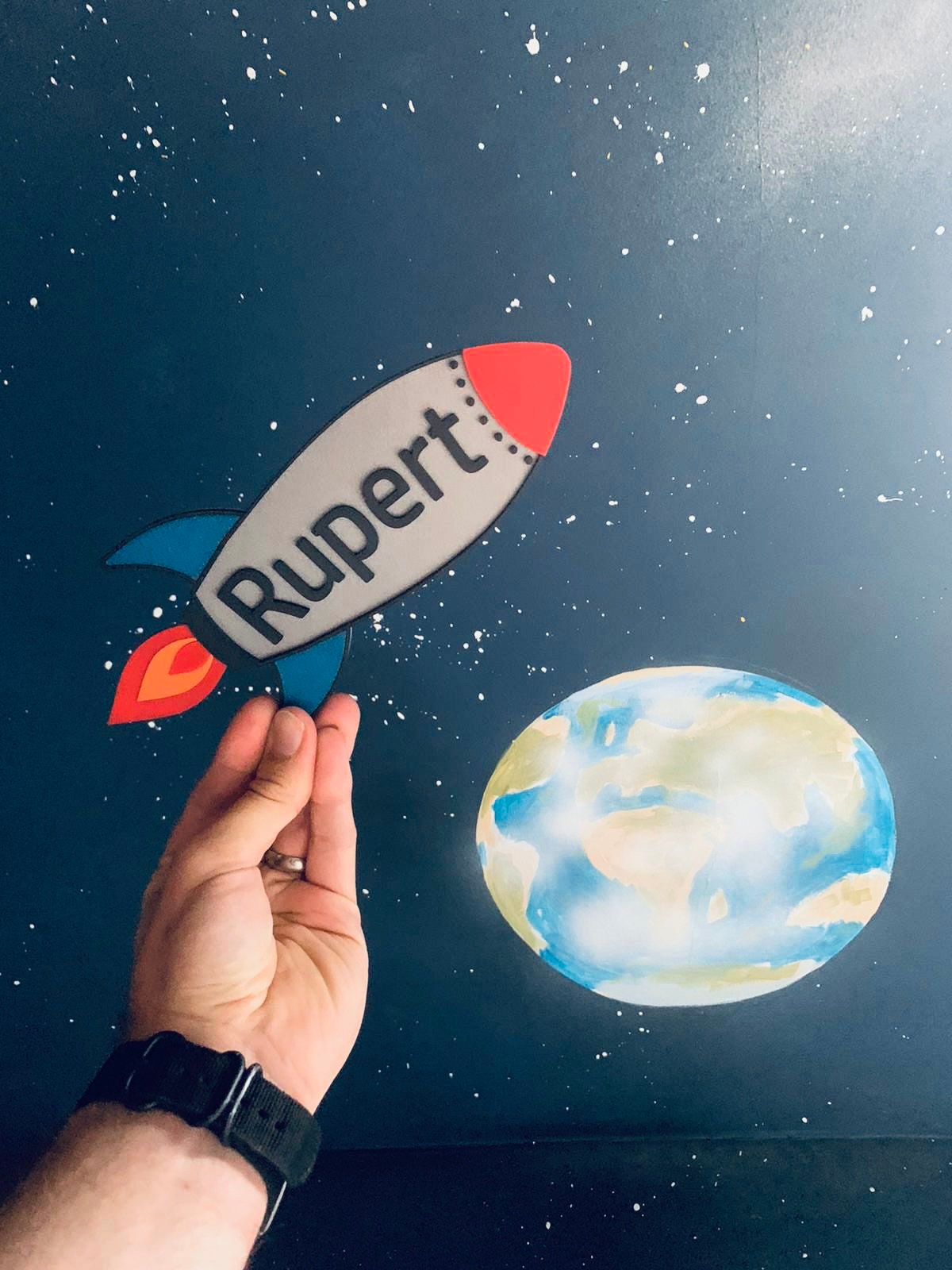 Personalised rocket bedroom door sign with silver grey and glitter blue design