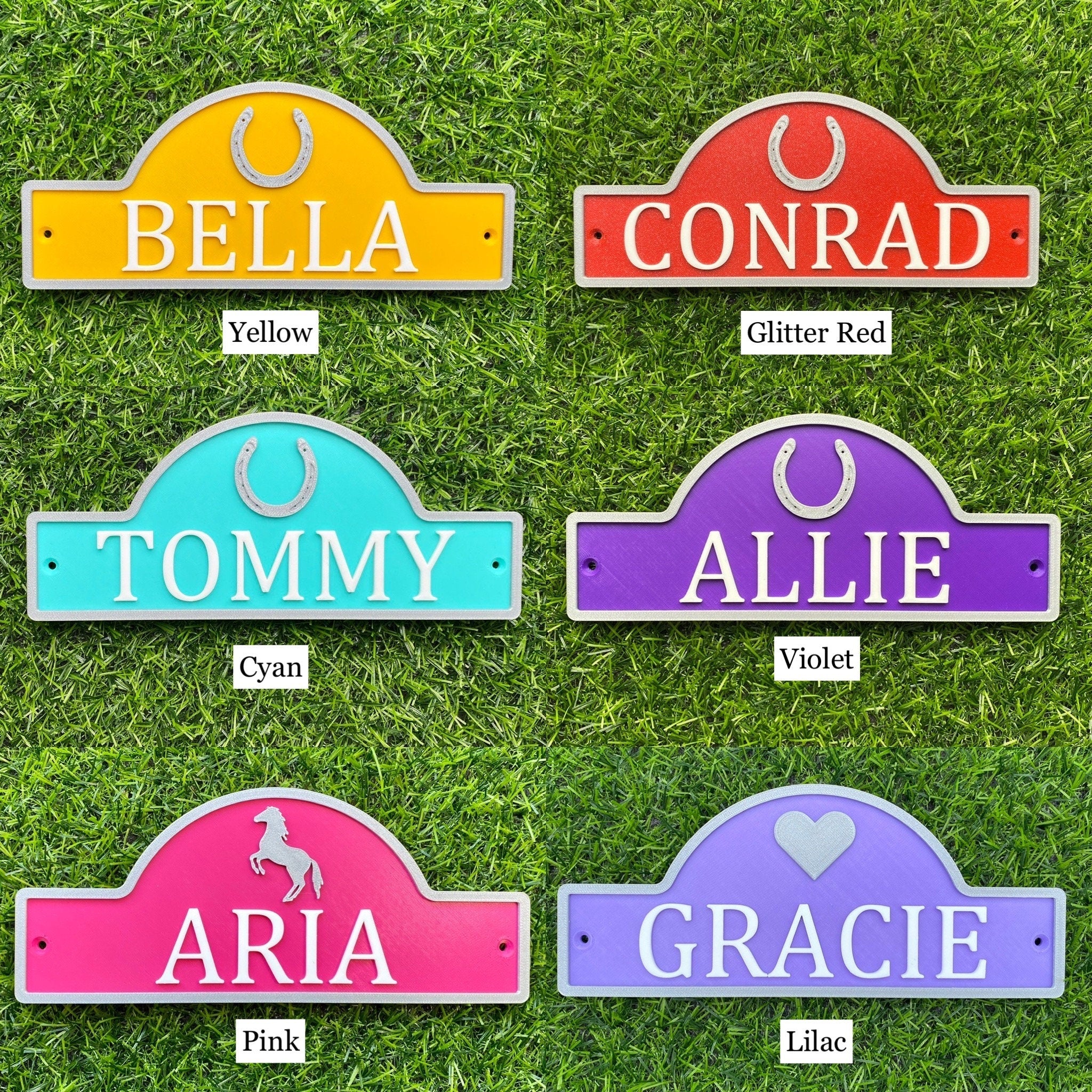 Eight sign colours including yellow, glitter red, cyan, violet, pink and lilac with horseshoe, horse and heart motifs