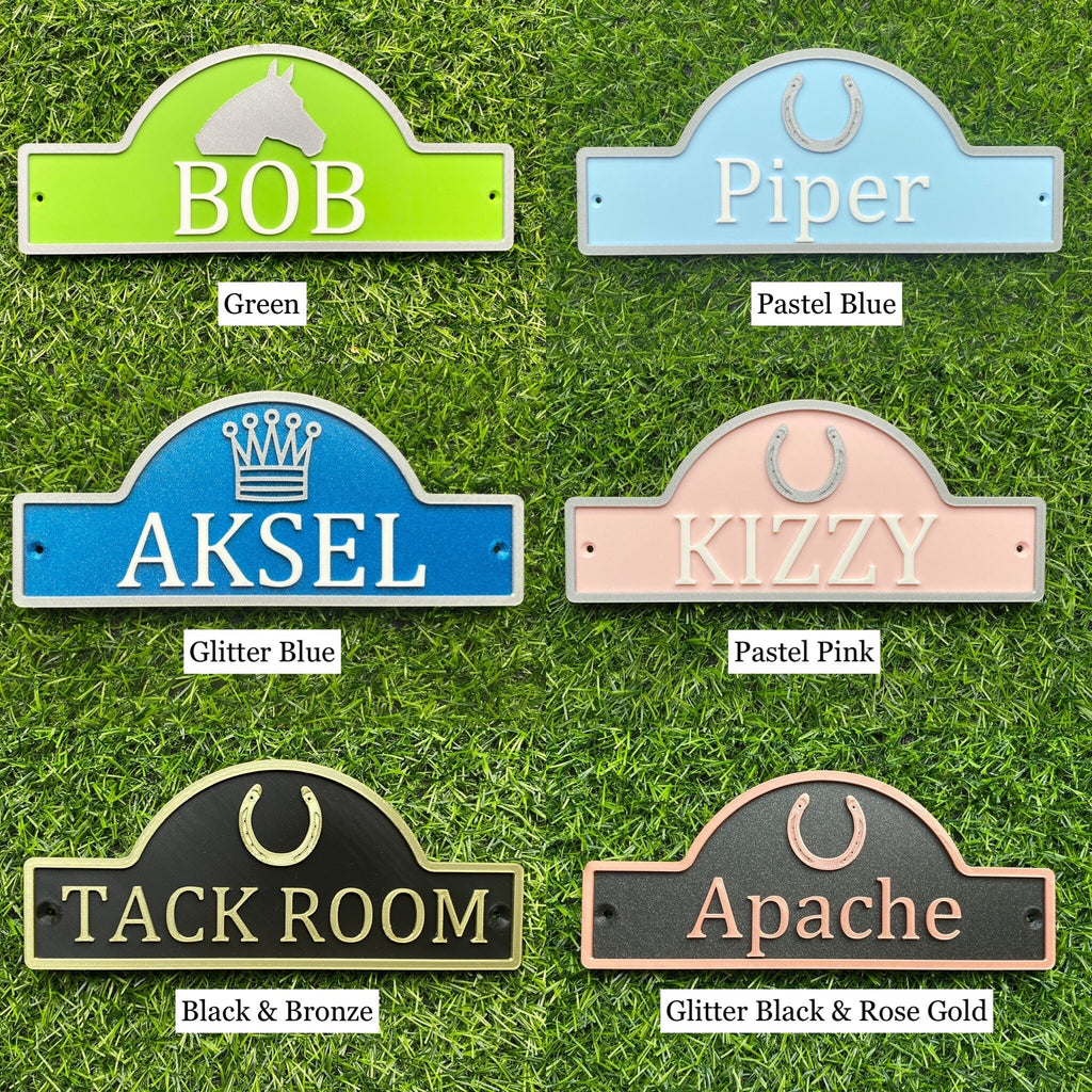 Six pastel and bright double motif signs with horse head, horseshoe and unicorn motifs