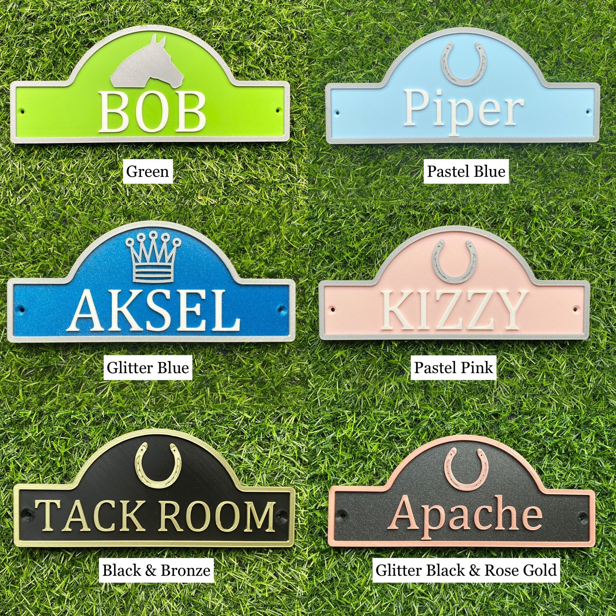 Six pastel and bright double motif signs with horse head, horseshoe and unicorn motifs