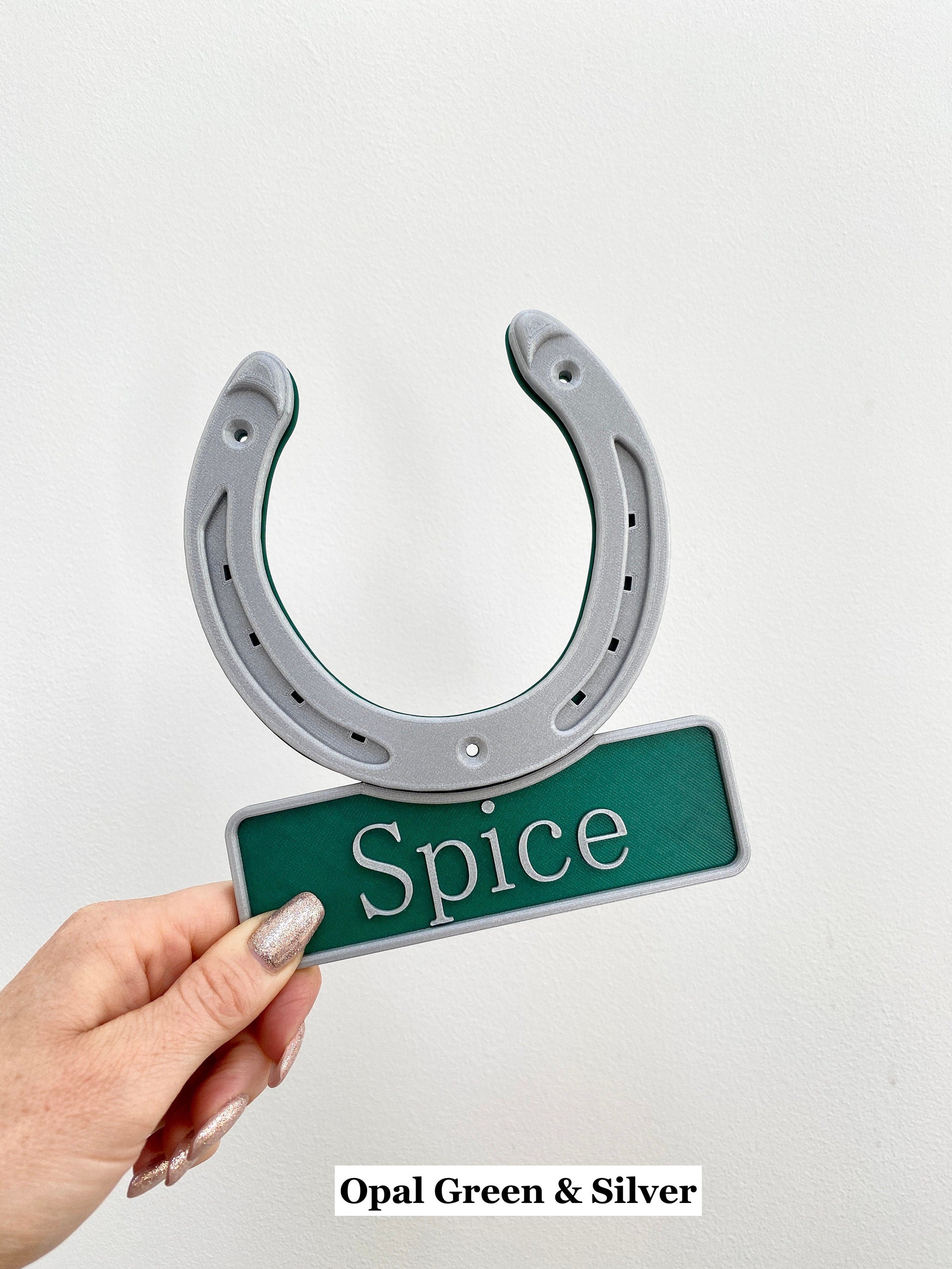 Opal green and silver horseshoe name plate held in hand, name Spice