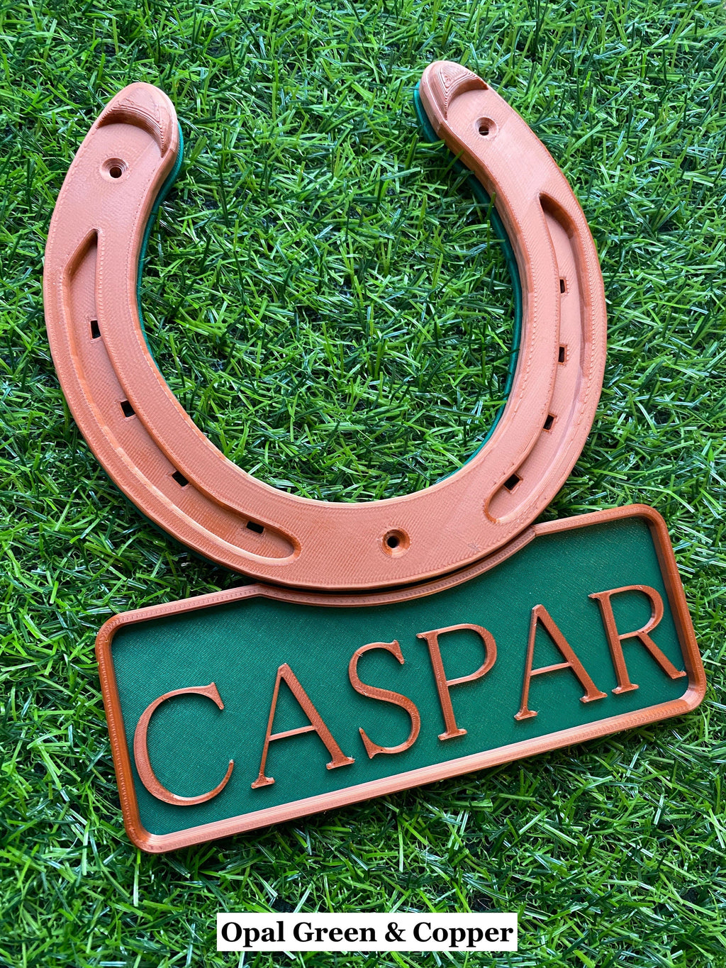Opal green and copper personalised horseshoe name plate, name Caspar