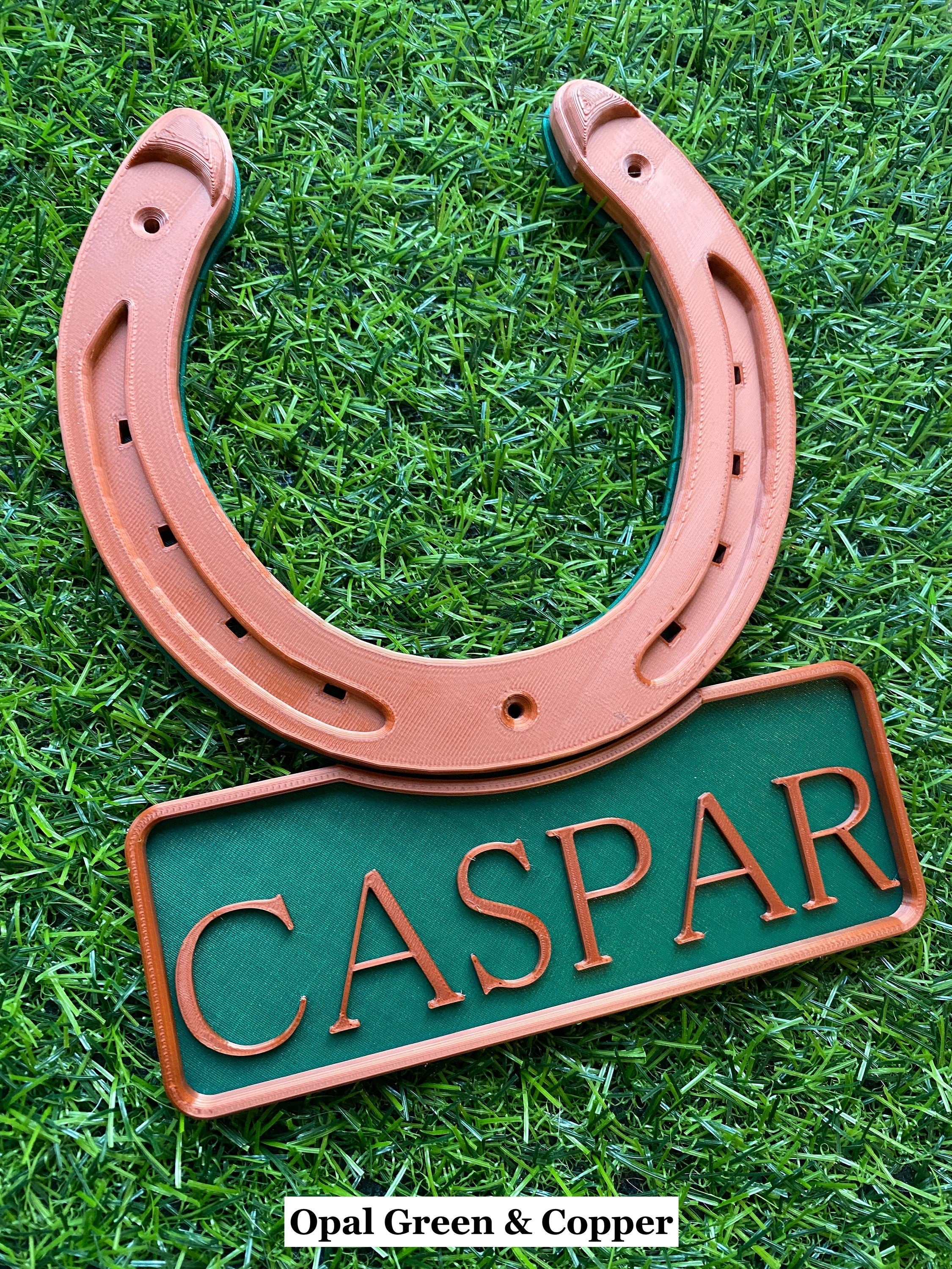 Opal green and copper personalised horseshoe name plate, name Caspar