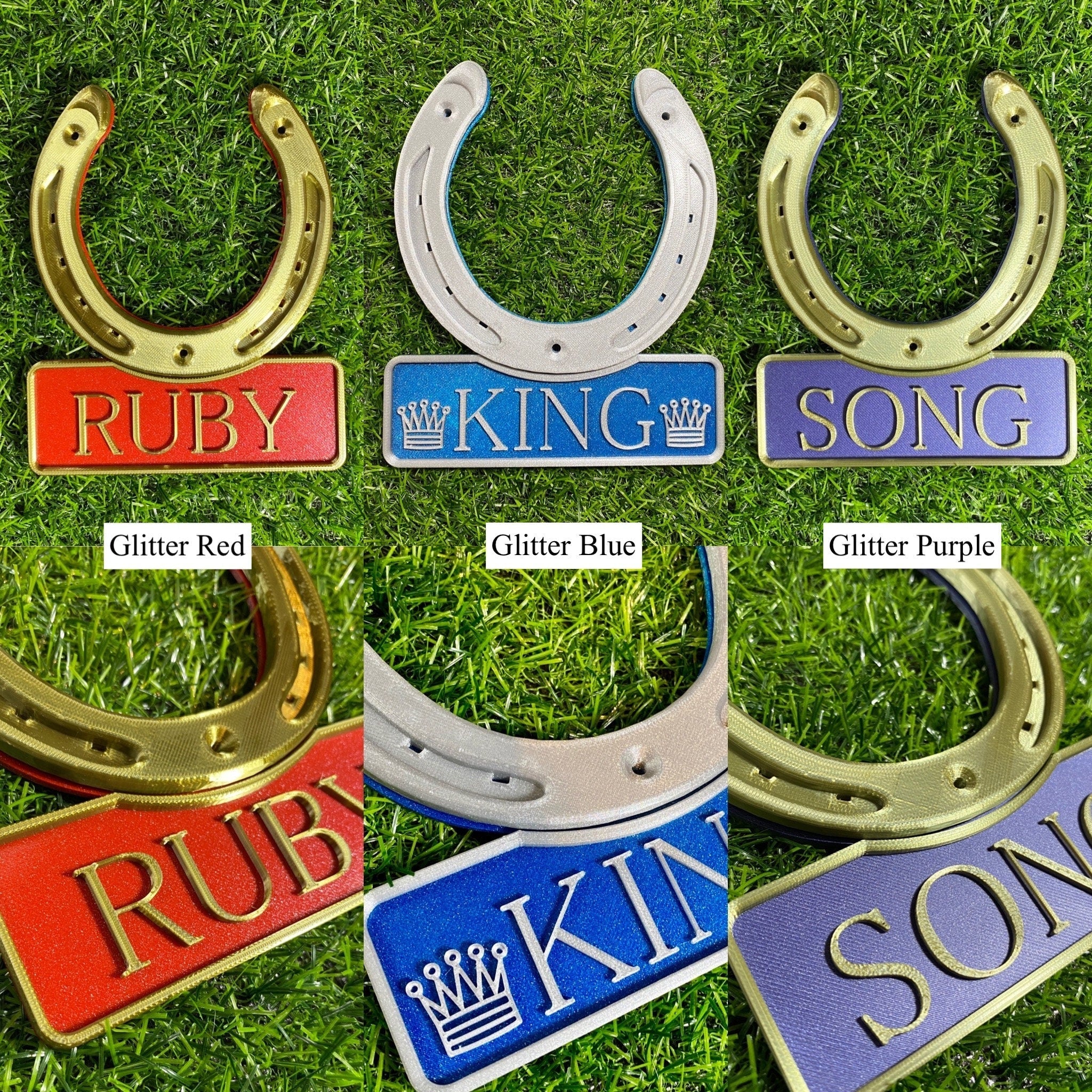Glitter red, glitter blue and glitter purple horseshoe name plate options