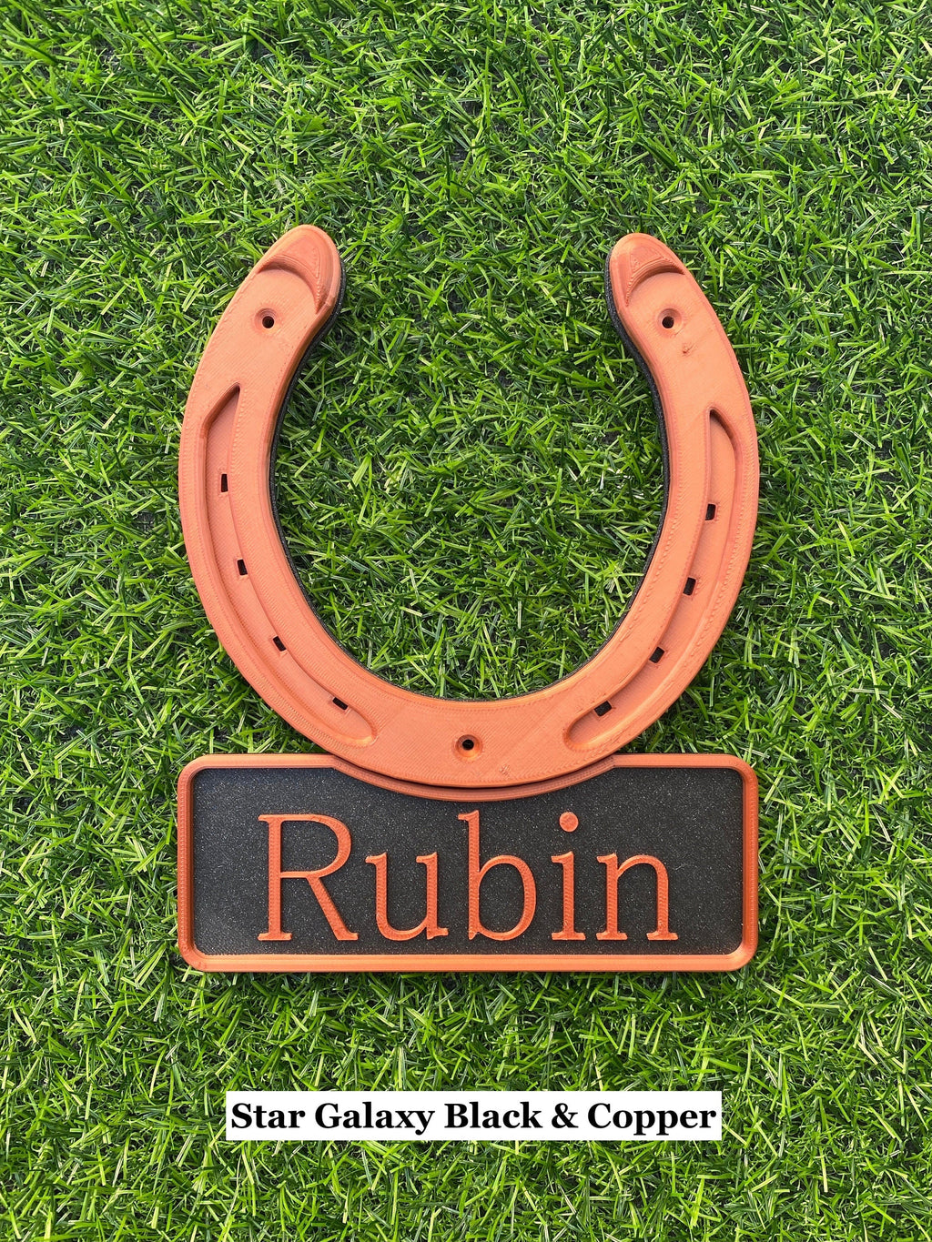 Star galaxy black and copper horseshoe name plate, name Rubin