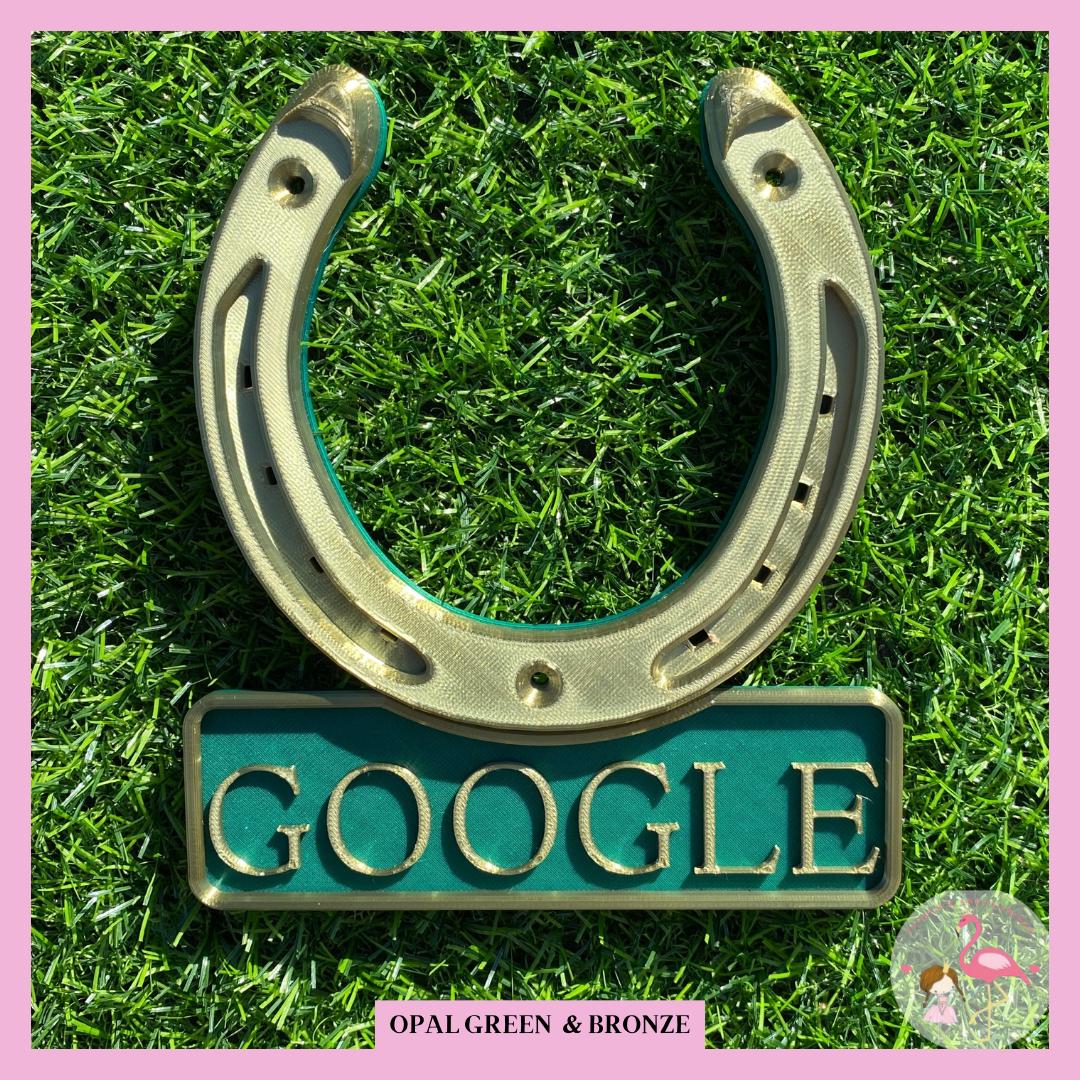 Metallic bronze horseshoe name plate on opal green, name Google