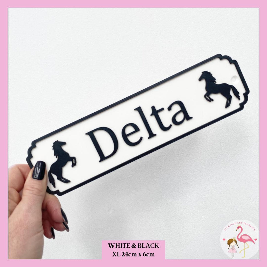 Stable door name plate with rearing horses in black and silver