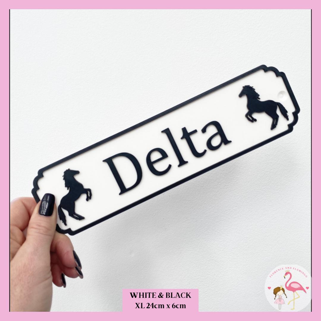 Stable door name plate with rearing horses in black and silver