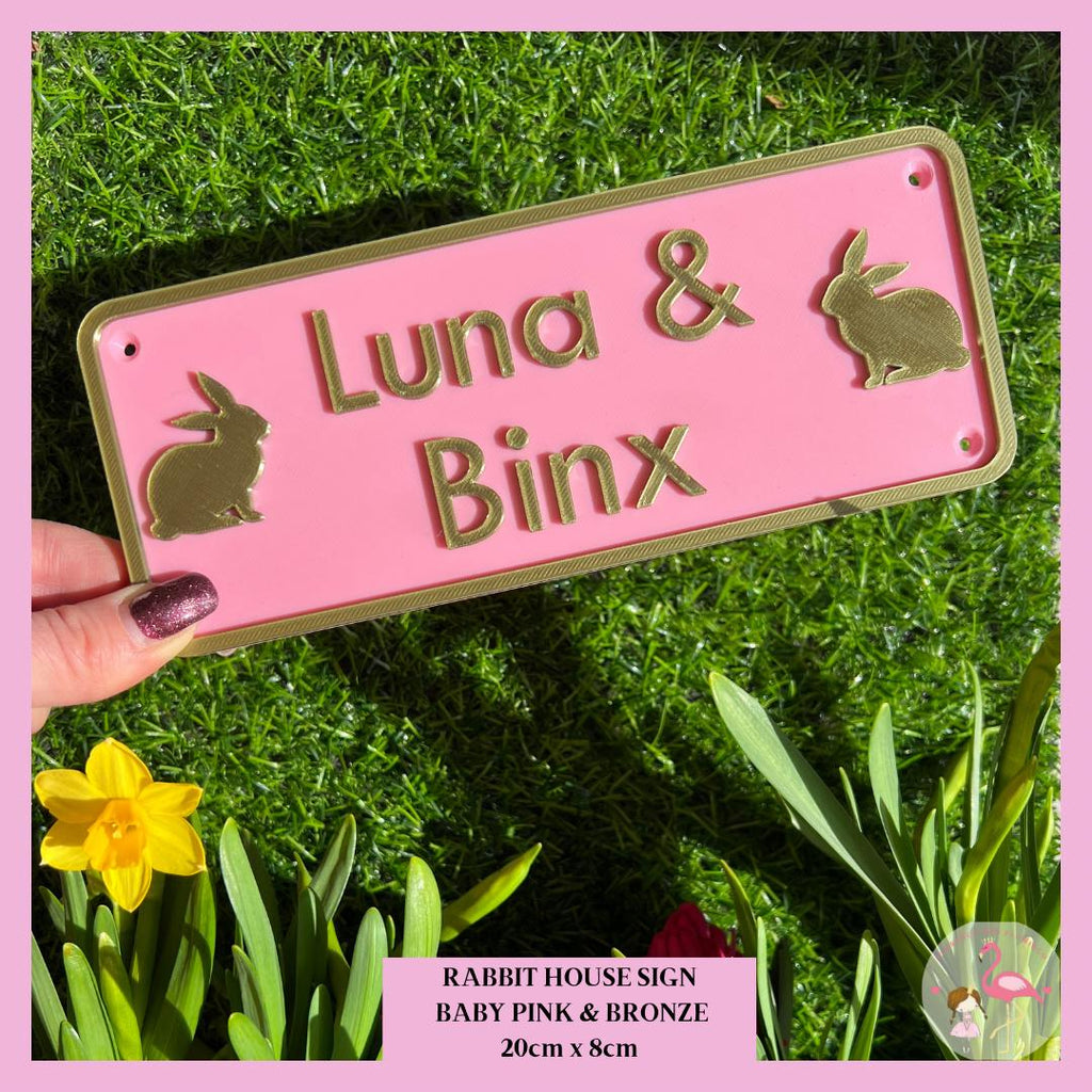 Personalised rabbit house door sign with bronze lettering