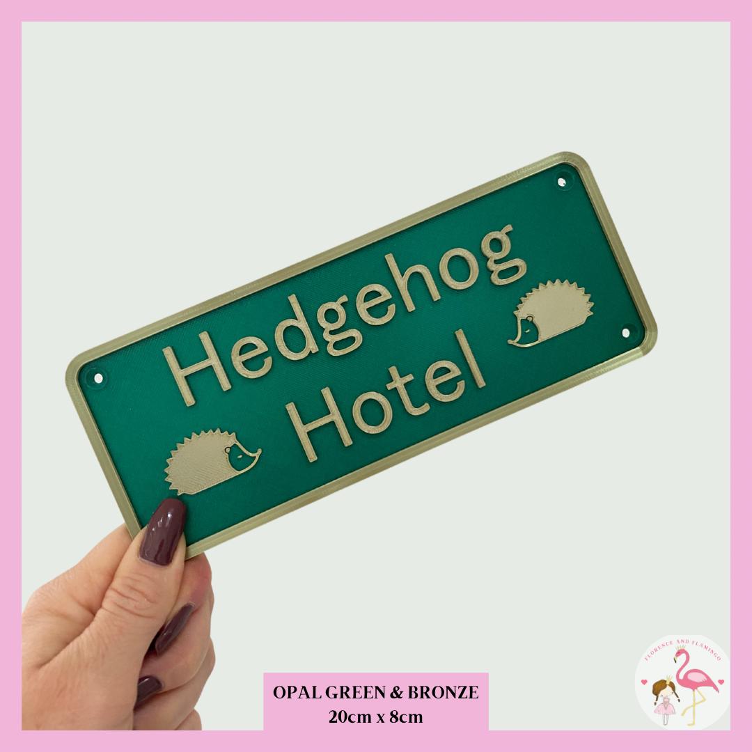 Personalised hedgehog hotel door sign in opal green and bronze