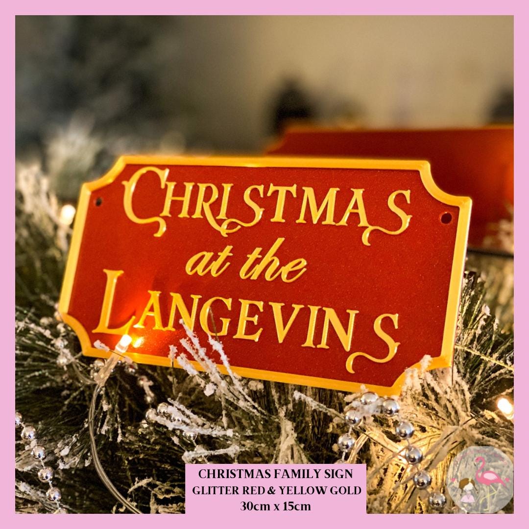 Personalised Christmas family sign in red with gold lettering