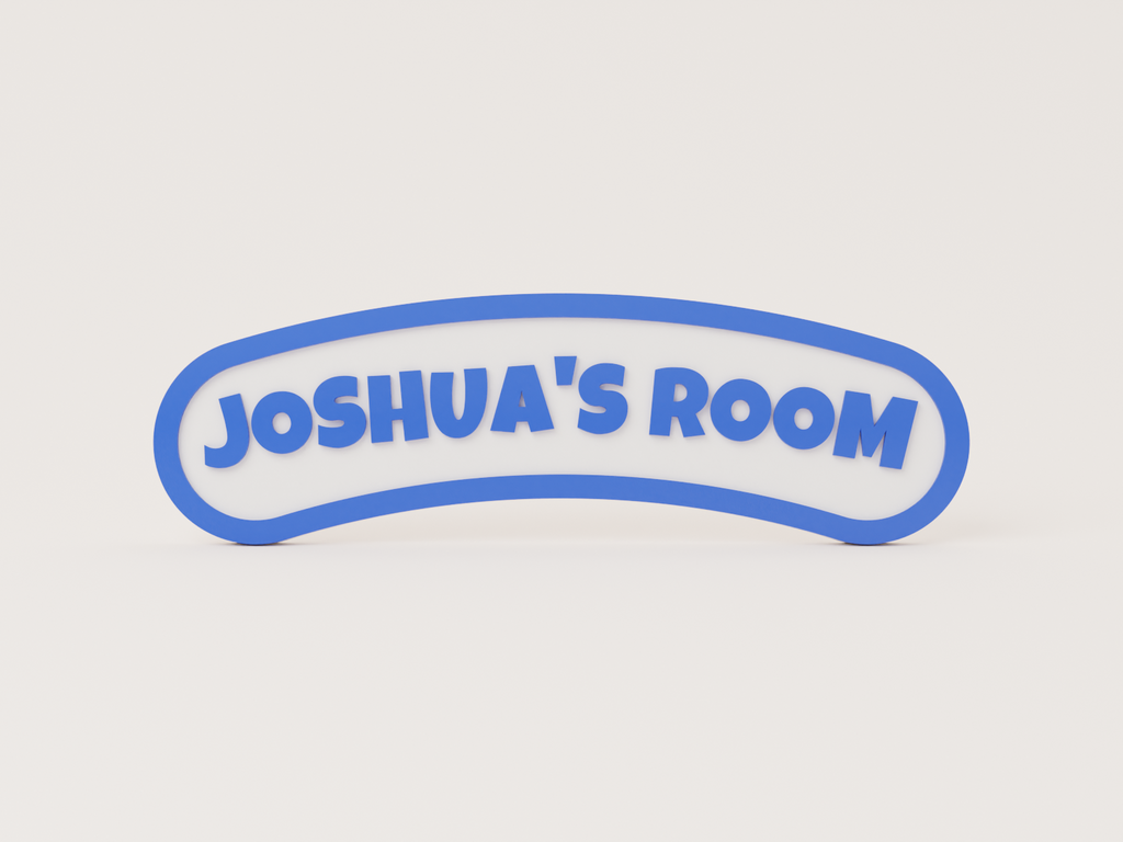 Personalised kids' bedroom door sign, curved banner with blue border and blue lettering on a white plate