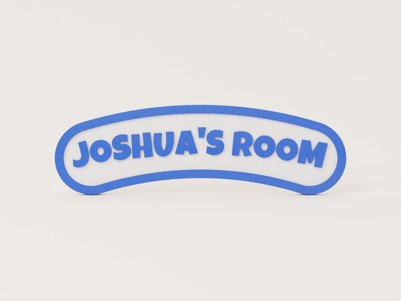 Personalised kids' bedroom door sign, curved banner with blue border and blue lettering on a white plate