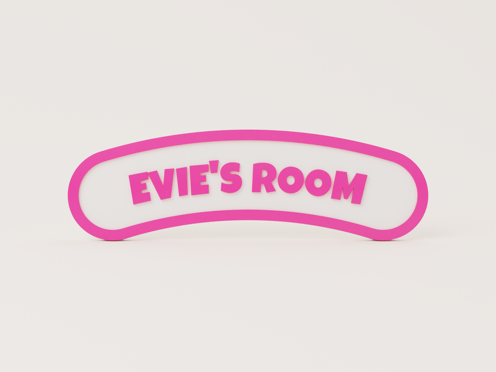 Personalised kids' bedroom door sign in pink with pink lettering on a white plate