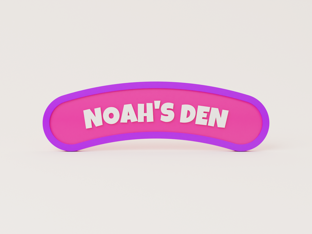 Personalised kids' bedroom door sign in violet with violet lettering on a white plate