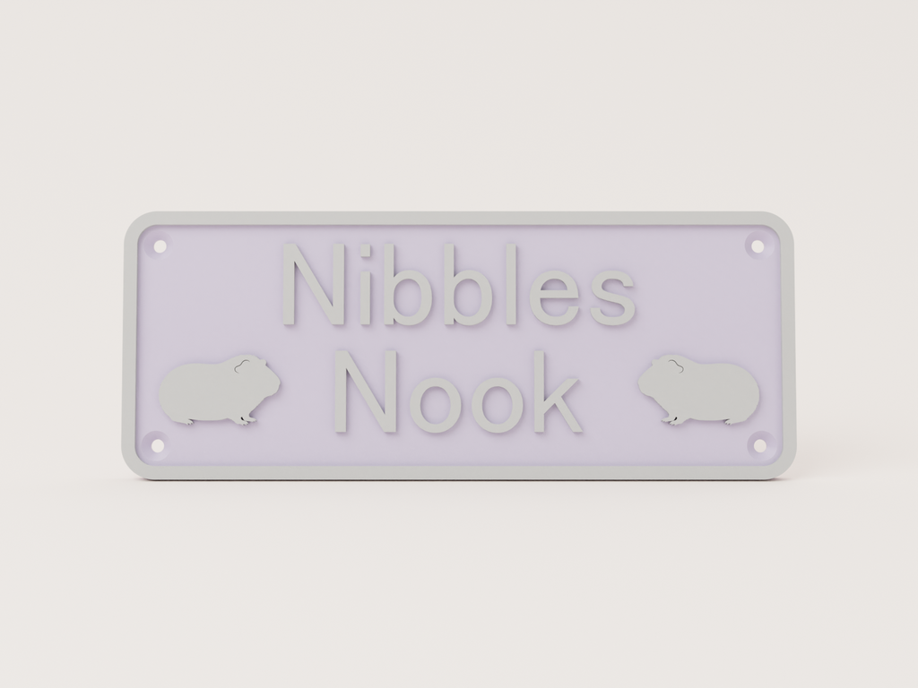 Lilac guinea pig house sign with silver lettering reading Nibbles Nook