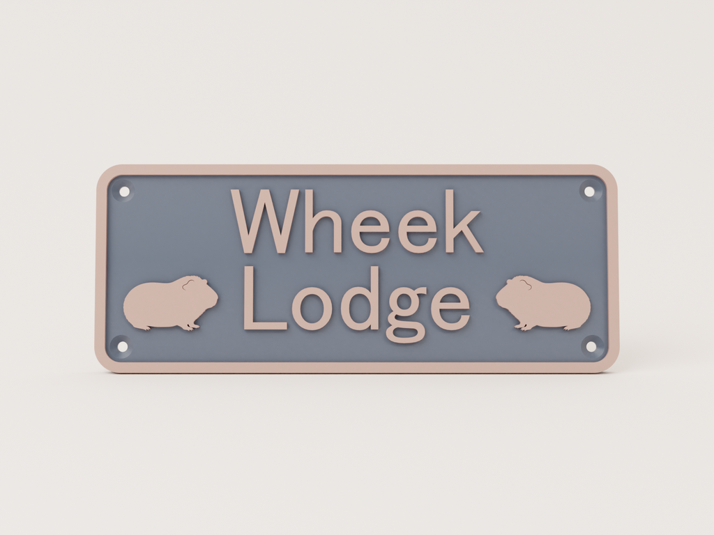 Navy guinea pig house sign with rose gold lettering reading Wheek Lodge