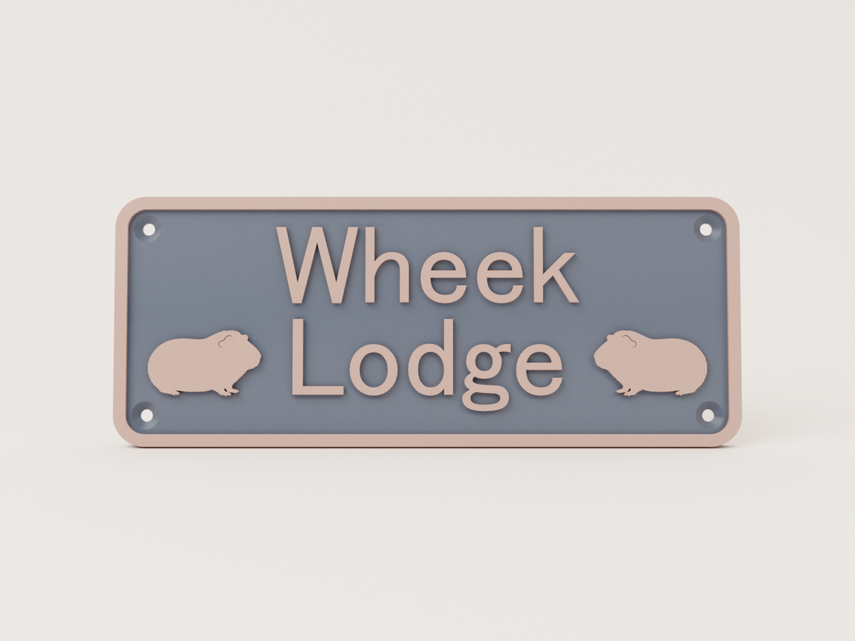 Navy guinea pig house sign with rose gold lettering reading Wheek Lodge